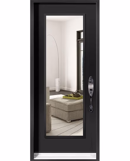 Porte d’acier noir mat, vitrage clair pleine hauteur