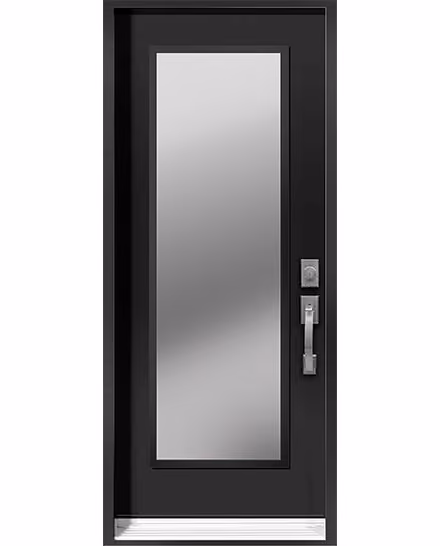 Porte d’acier noir mat, vitrage sablé pleine hauteur