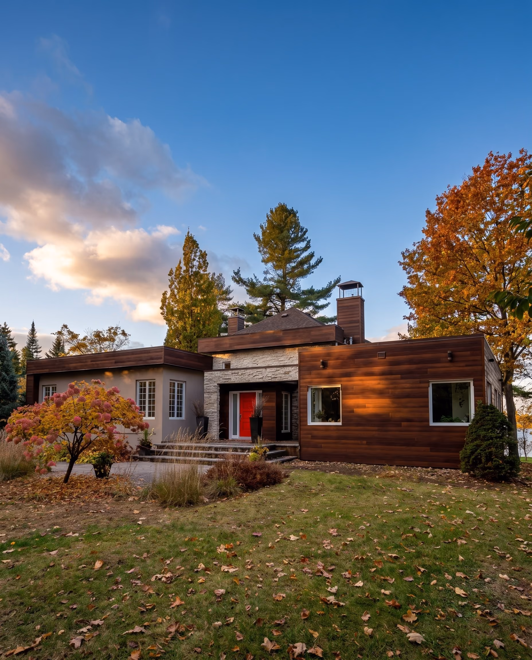 Wood-sided bungalow with a red door, autumn trees and raking light.