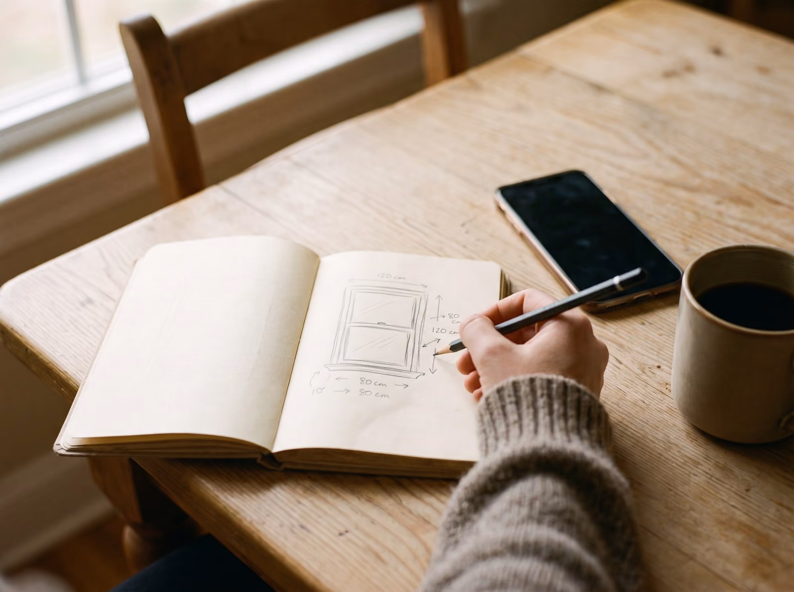 A hand pencils a sketch of a window opening with its measurements, in a notebook on a kitchen table.