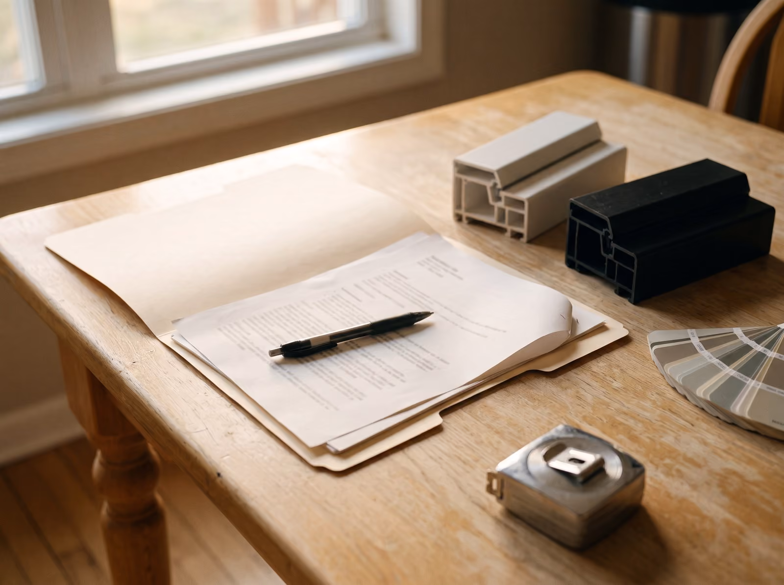 A written quotation in a folder, a pen resting on it, two white and black PVC profiles and a tape measure on the table.