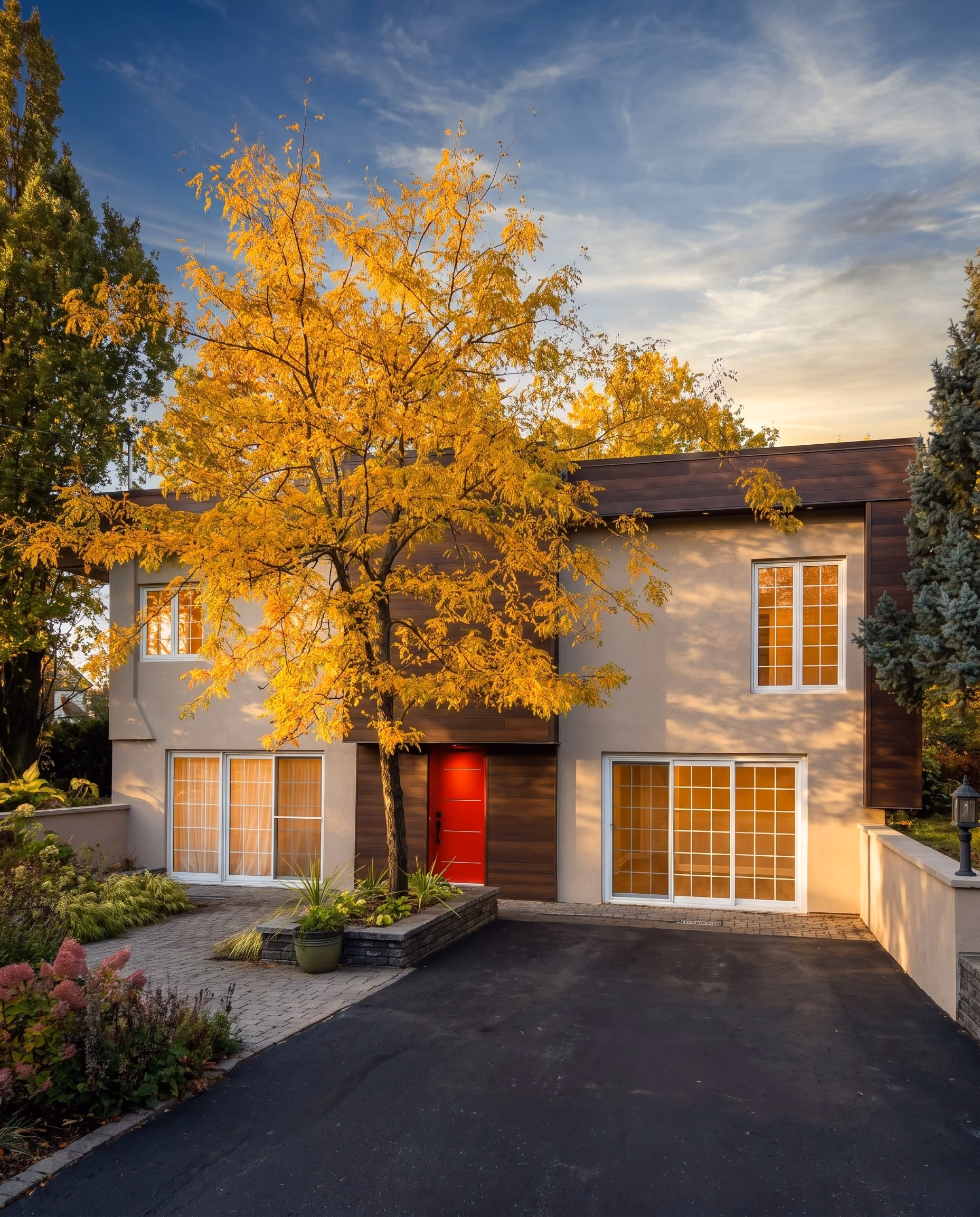 Contemporary house with stucco and dark wood cladding, red door, yellow maple in autumn.