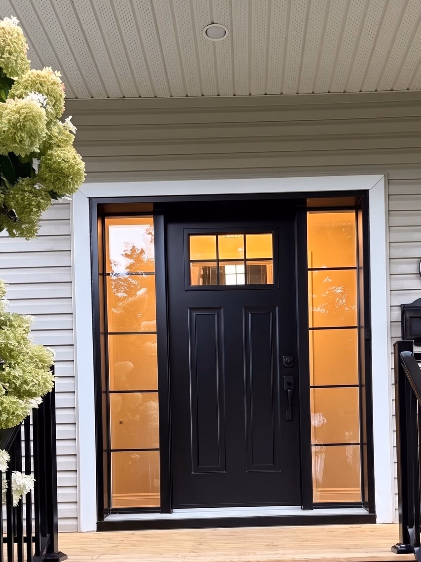 Black steel entry door and its sidelights, lit from within, wooden steps and white hydrangeas.