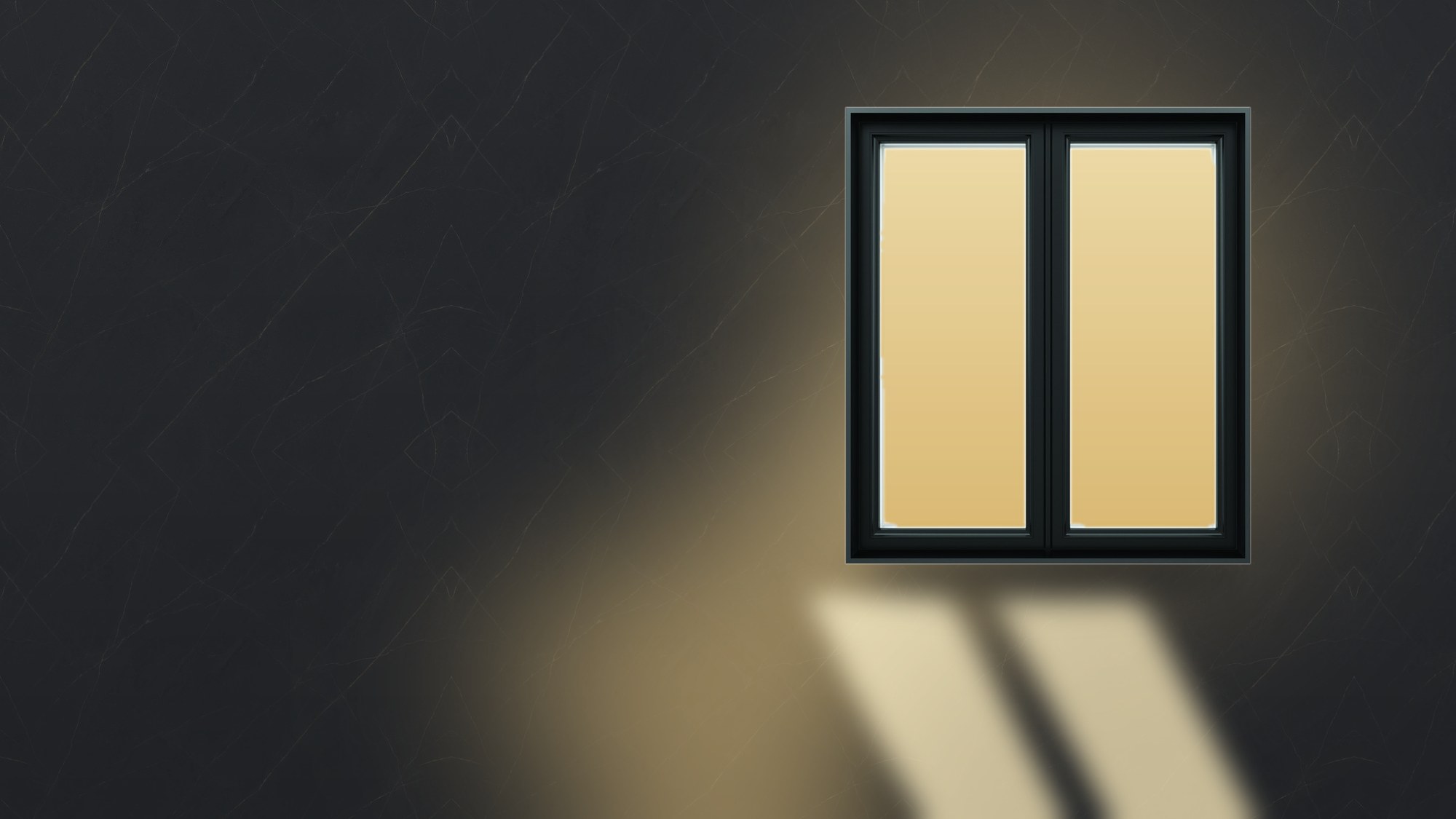 Black-framed double casement window, its panes lit, set on a charcoal marble background.