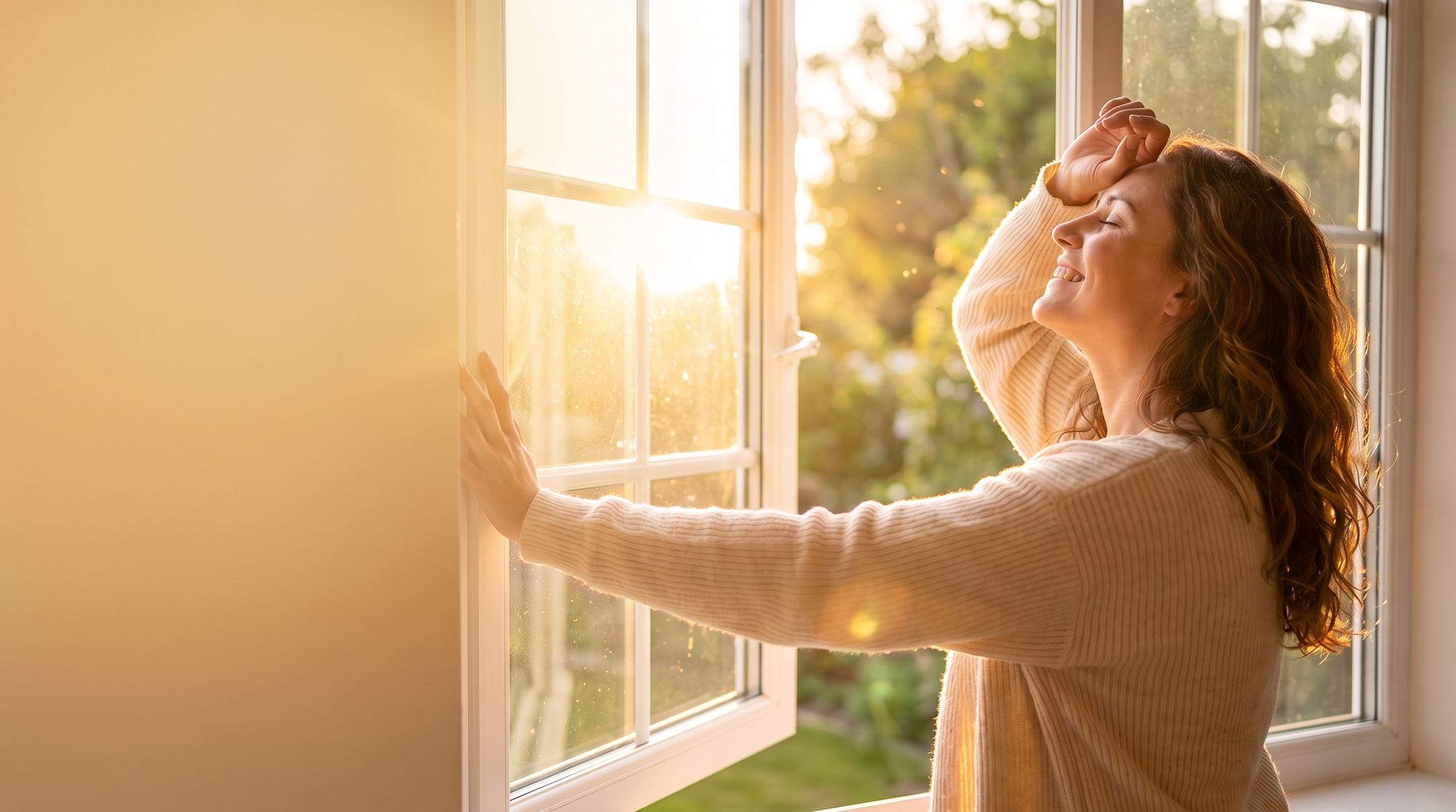 A woman pushes a casement window open and lifts her face into the morning sun.